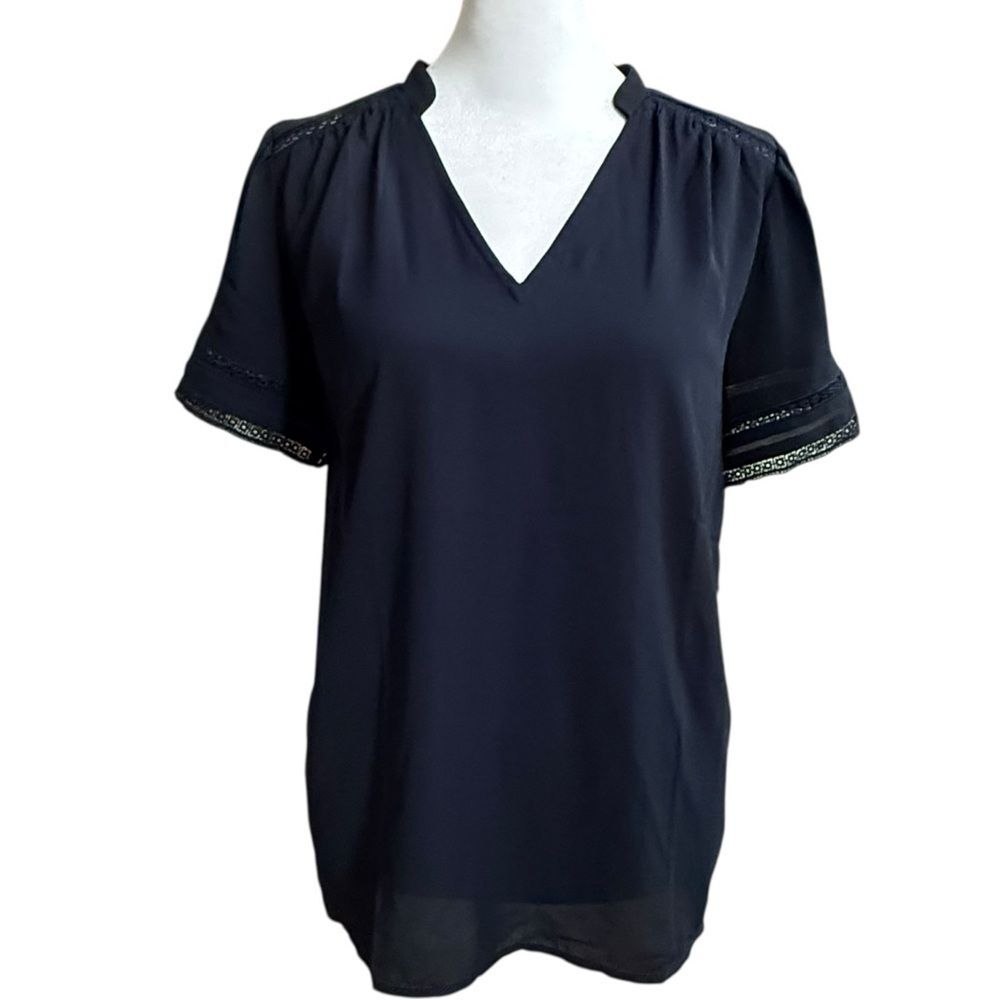 Ann Taylor Lace Trim Blue Short Sleeve Mixed Media Top Blouse. Small. NEW. - Picture 3 of 12
